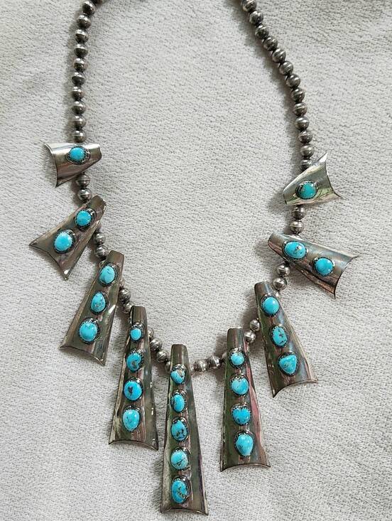 Native American Jewelry - SIGNED ML NAVAJO STERLING SILVER AND TURQUOISE STATION NECKLACE